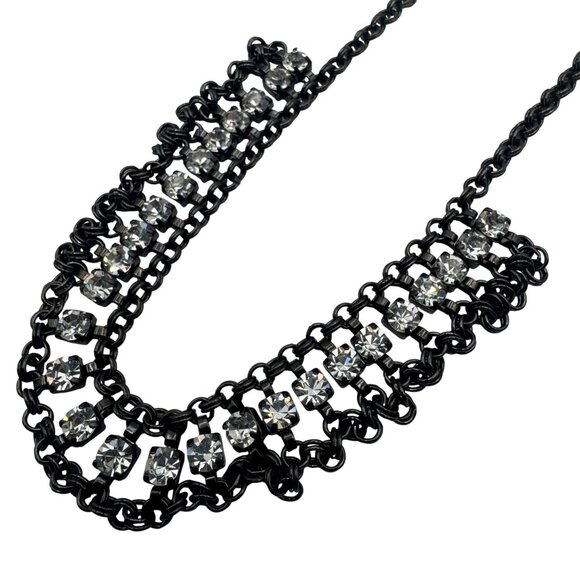 Black Chain Rhinestone Statement Necklace Adjustable Length Elegant Bold Jewelry - Picture 2 of 4